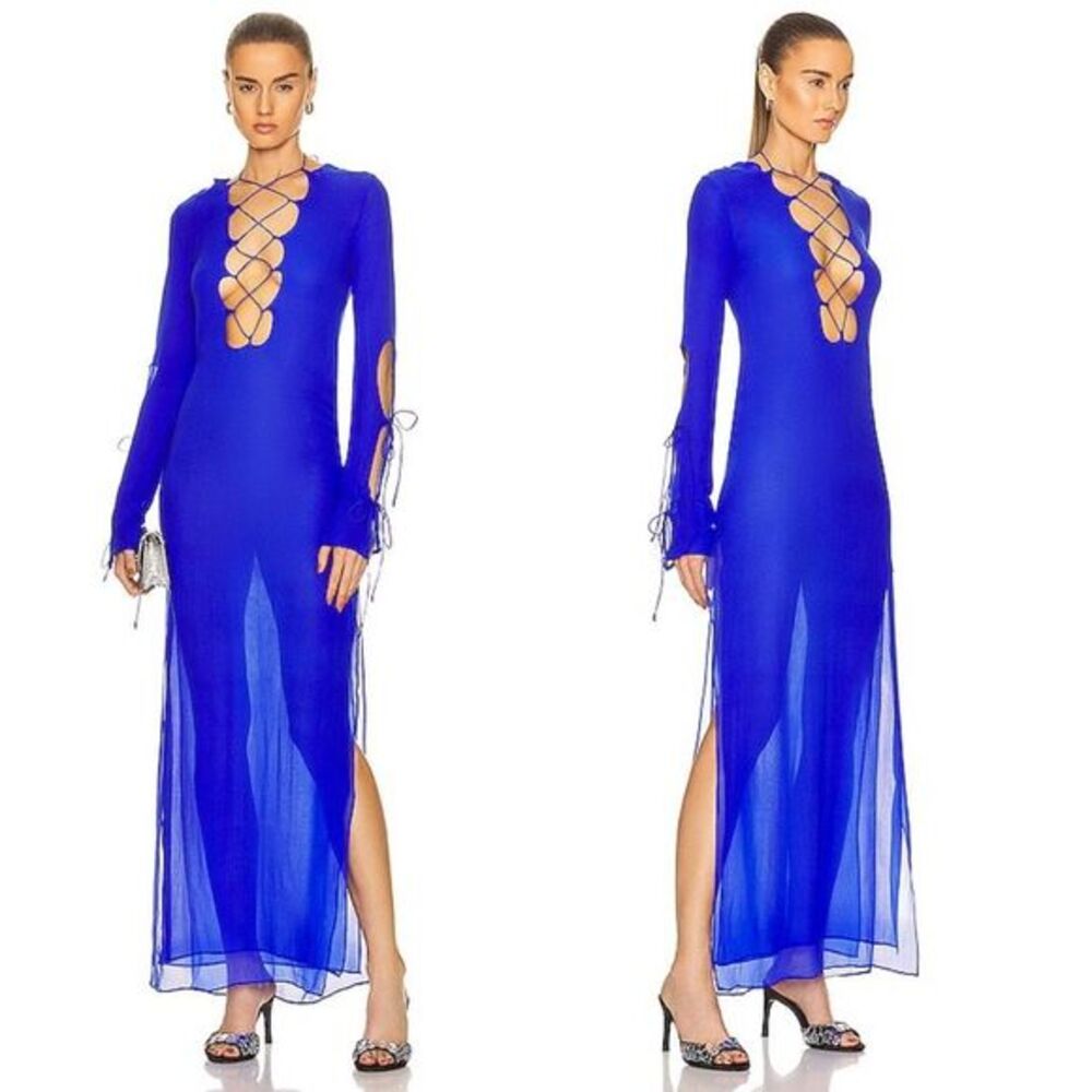 NWT Christopher Esber Silk Chiffon Tie Front Layered Column Dress Cobalt Sizez 4